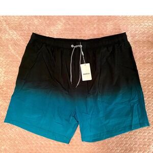 Men's 3XL Black Teal Ombre Chevron Swim Trunks Shorts Elastic Waist Drawstring